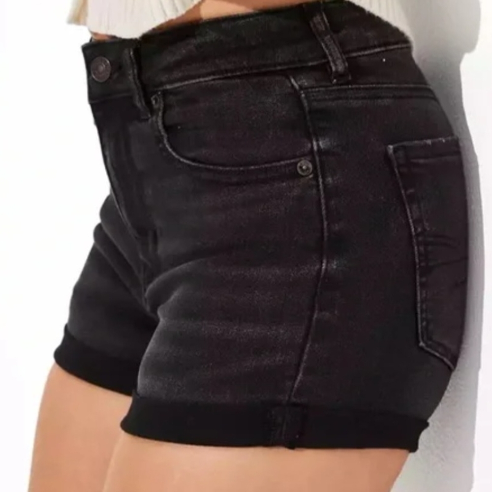 Black Jean Shorts with High-Waisted Style and Mid-Thigh Length